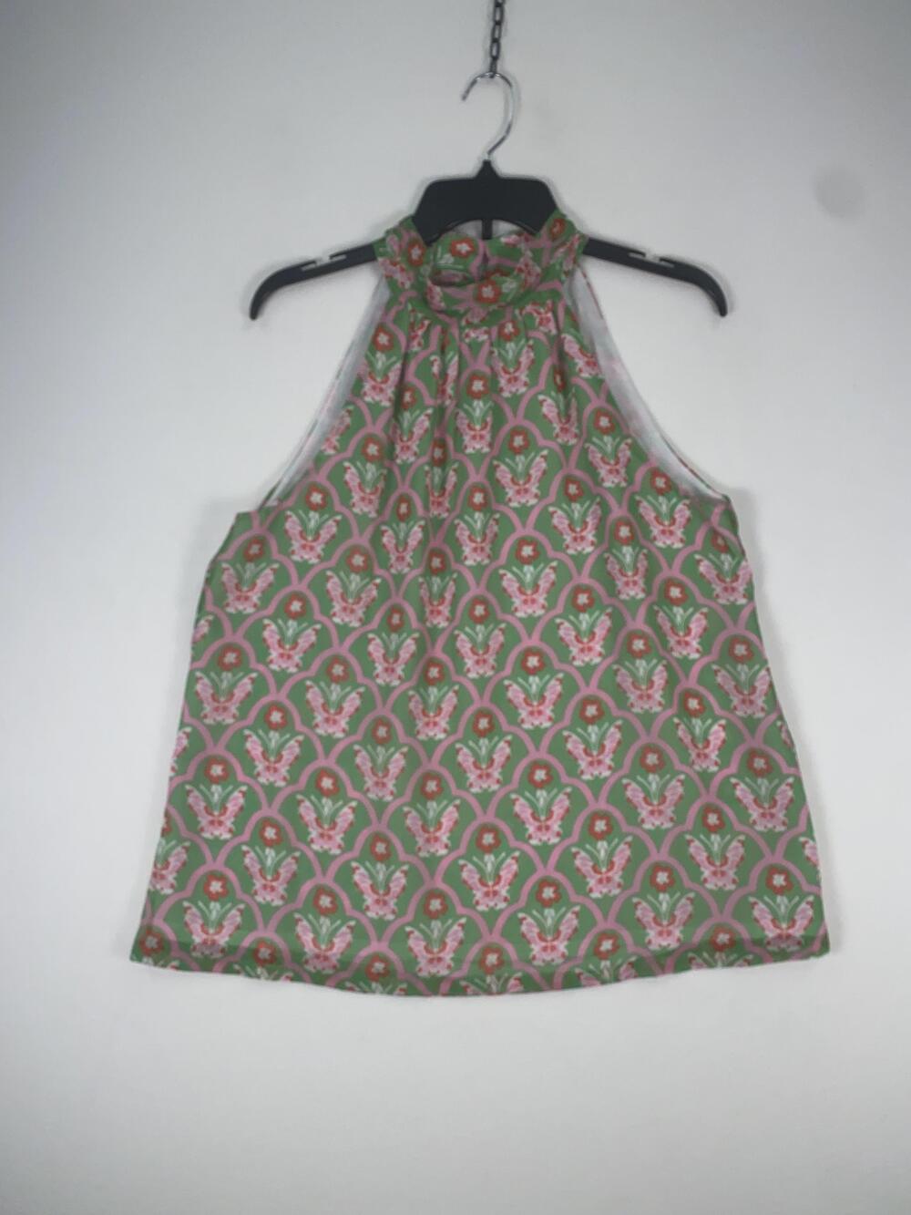 Jade Blouse Womens Large Green Pink Floral Print Halter Sleeveless Lined Top
